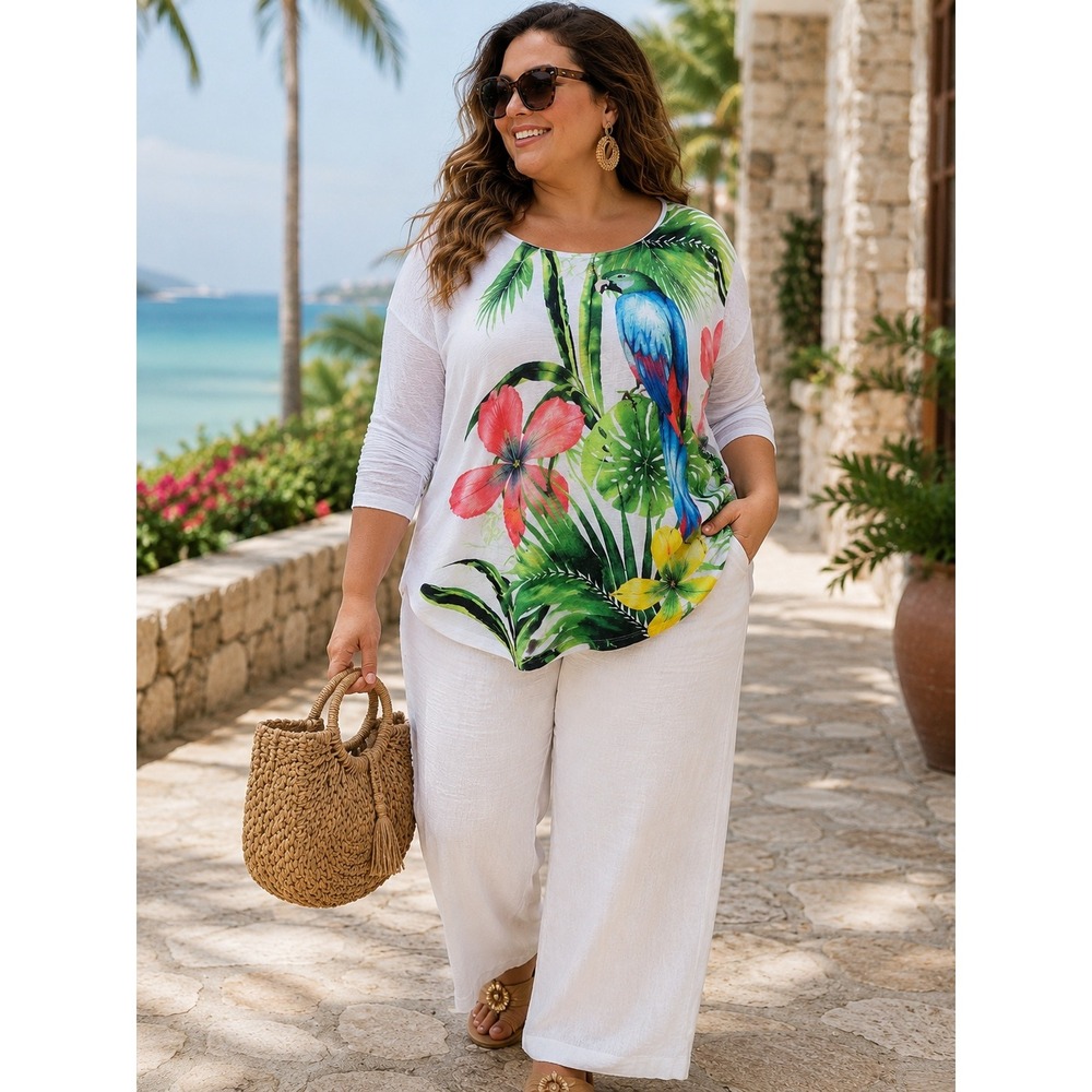 Onque Casual Tropical Parrot Floral White Dolman Tunic Top Resort Coastal 3X New
